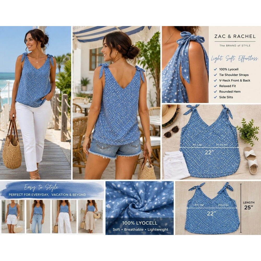 New Zac & Rachel Women L Blue Tank Top Coastal Resort Boho Chic Cottagecore NWT